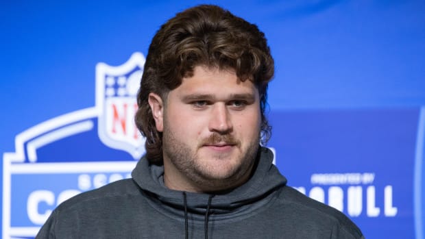 Wisconsin center Joe Tippmann speaks at the 2023 NFL Combine
